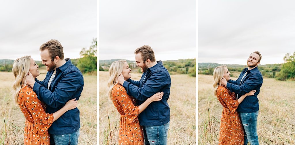 a couple hugging in a wheat field in Virginia