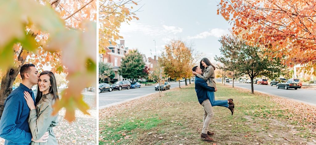 couple playing under the fall leaves in Richmond
