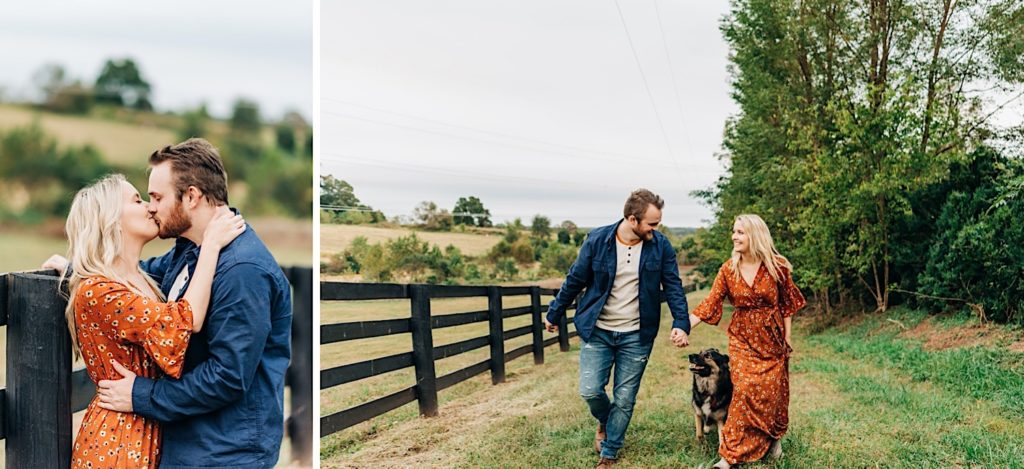 couple walking on a farm with two dogs