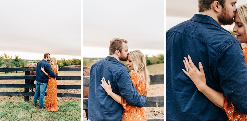 couple hugging by a pasture fence