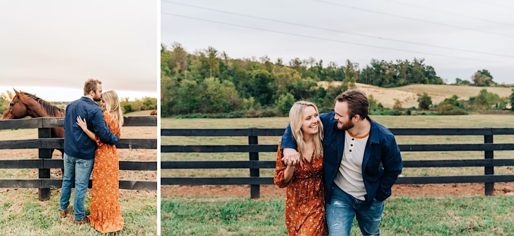 couple hugging by a pasture fence