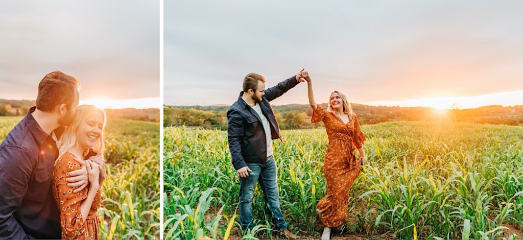 couple dancing in a corn field at sunset