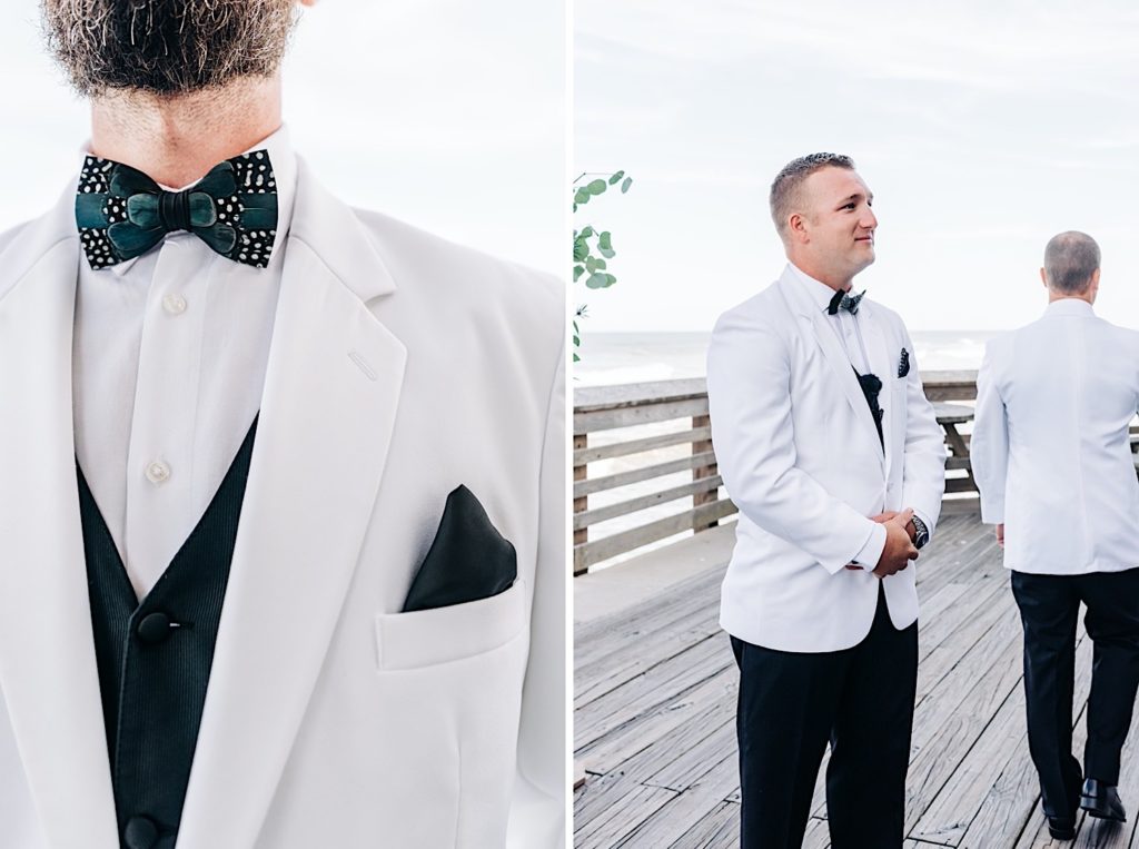 groomsmen attire with white jacket and qual tie