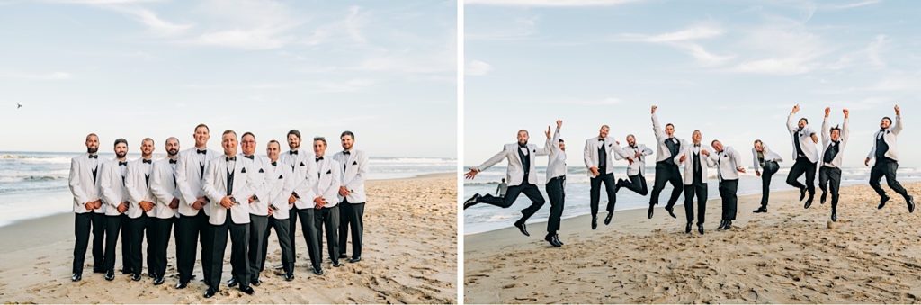 Bridal party portraits on the beach at Jennette's Pier