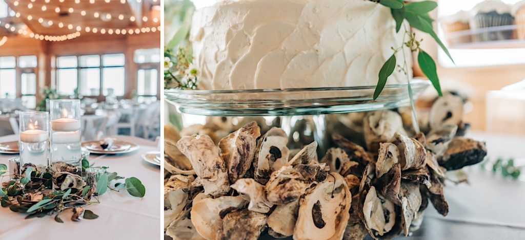 Oyster wedding palette decor at bride and groom first dance at Jennette's Pier