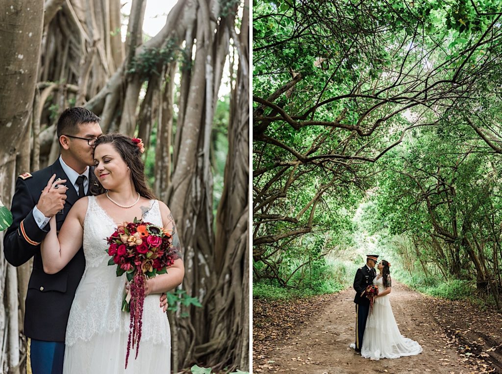 Bride and groom kissing under banyan tree
