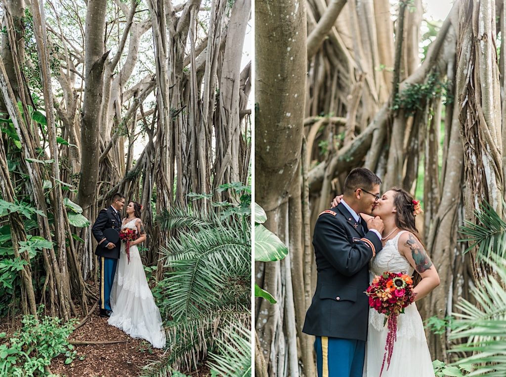 bride and groom kissing under banyan trees