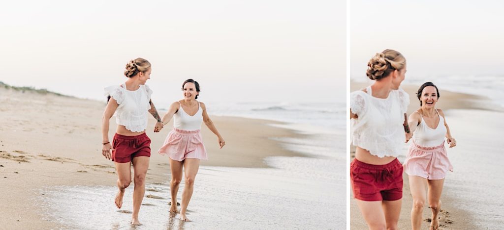 brides running on beach in OBX