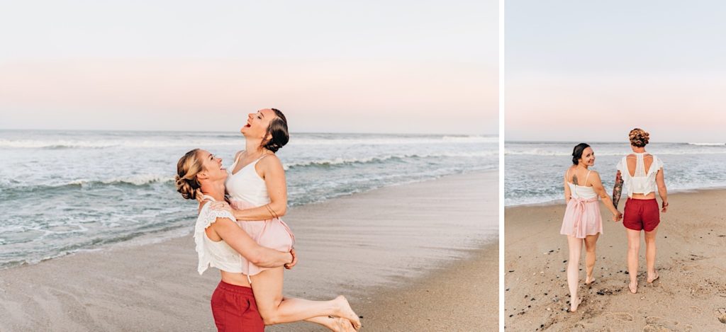brides snuggling on beach in OBX