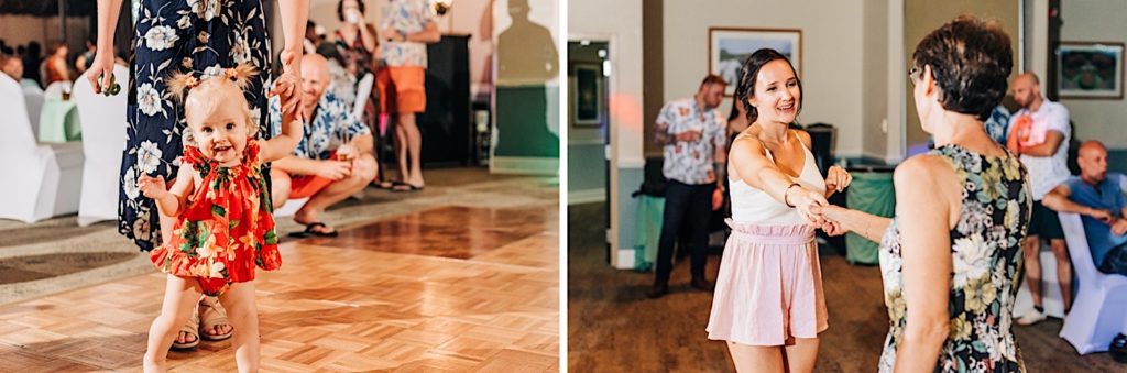 wedding guests dancing at reception 