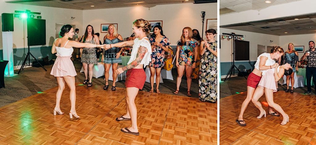 wedding guests dancing at reception 