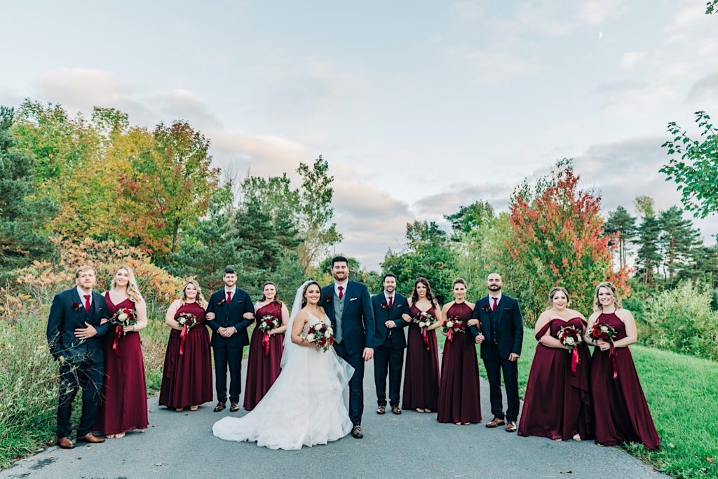 bride and groom with bridal party in skaneateles wedding