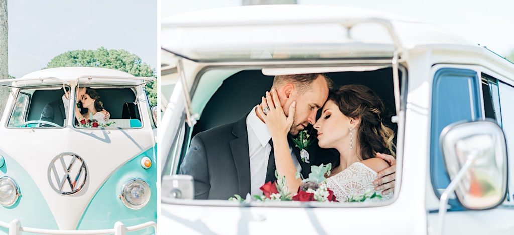 bride and groom in a vw bus
