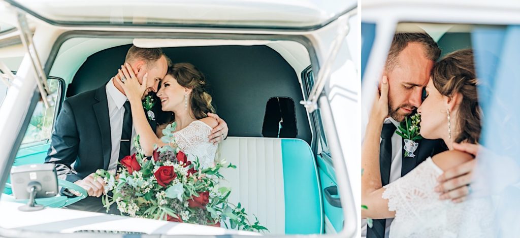 bride and groom in a vw bus
