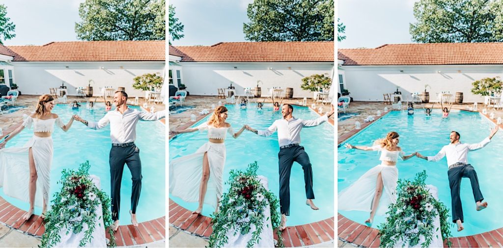 bride and groom falling into pool