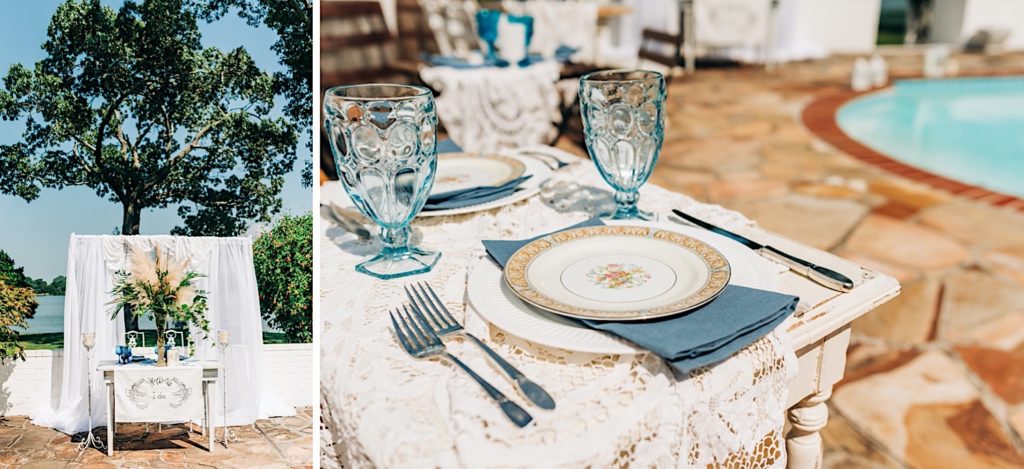 blue and lace intimate wedding decor