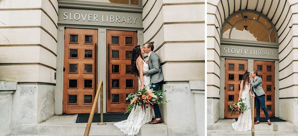 How to get married at the Norfolk VA Courthouse, bride and groom kissing outside of Slover Library