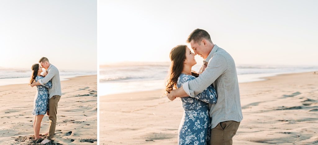 OBX Engagement portraits - couple hugging on the beach at sunrise