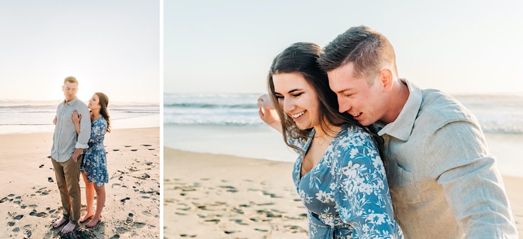 OBX Engagement portraits - a couple laughing together on the beach