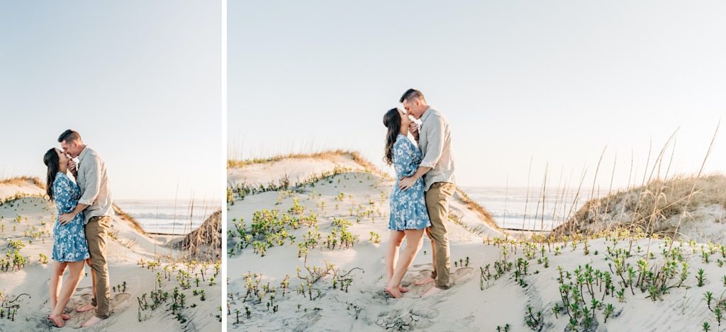 OBX Engagement portraits - couple kissing on a sand dune