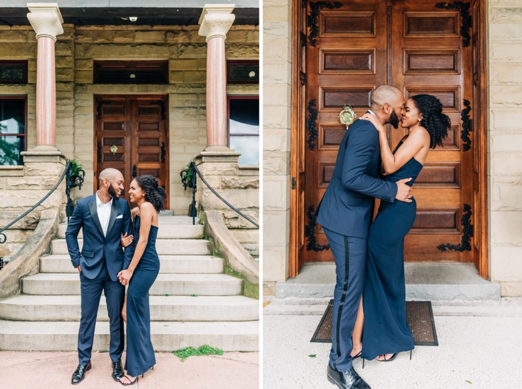 Couple kissing at Maymont Mansion