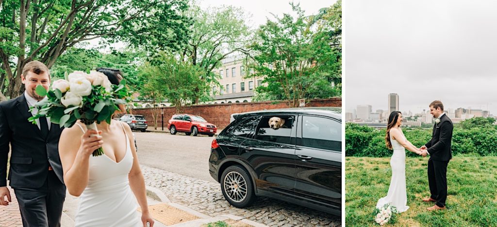 Bride and groom look at dog in car - Richmond Elopement