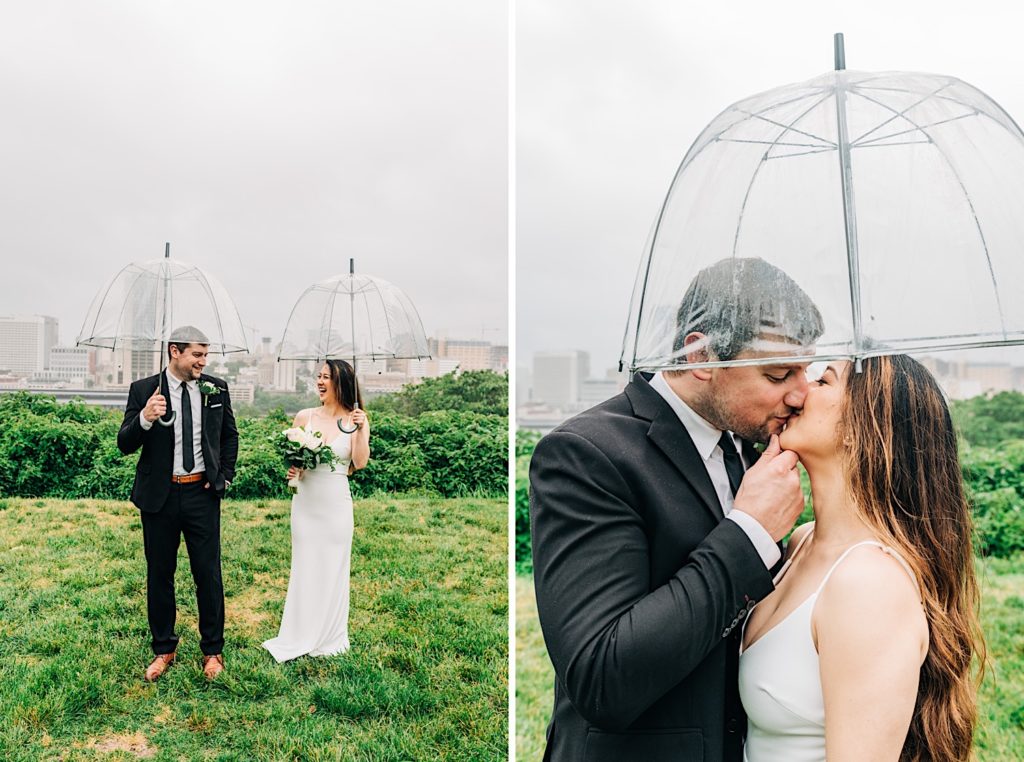 Bride and groom under umbrella Richmond Elopement