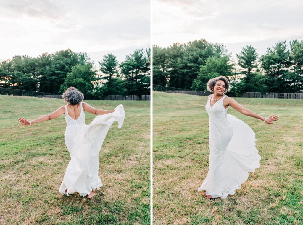 Bride twirling in dress in Fredericksburg VA