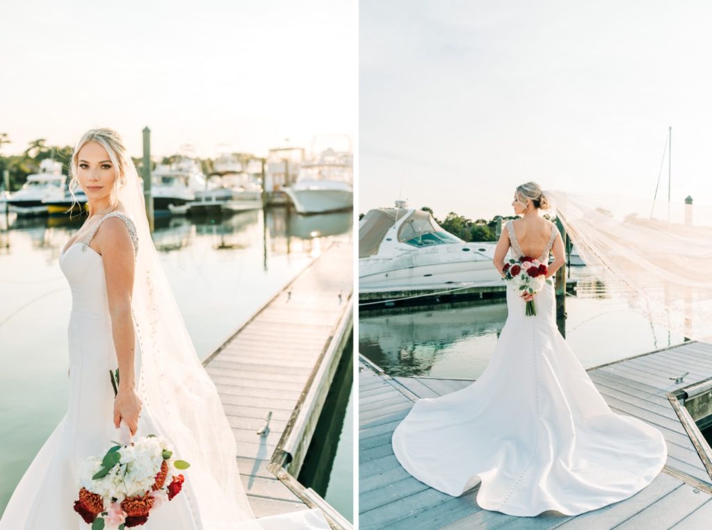 bride posing on dock in wedding dress