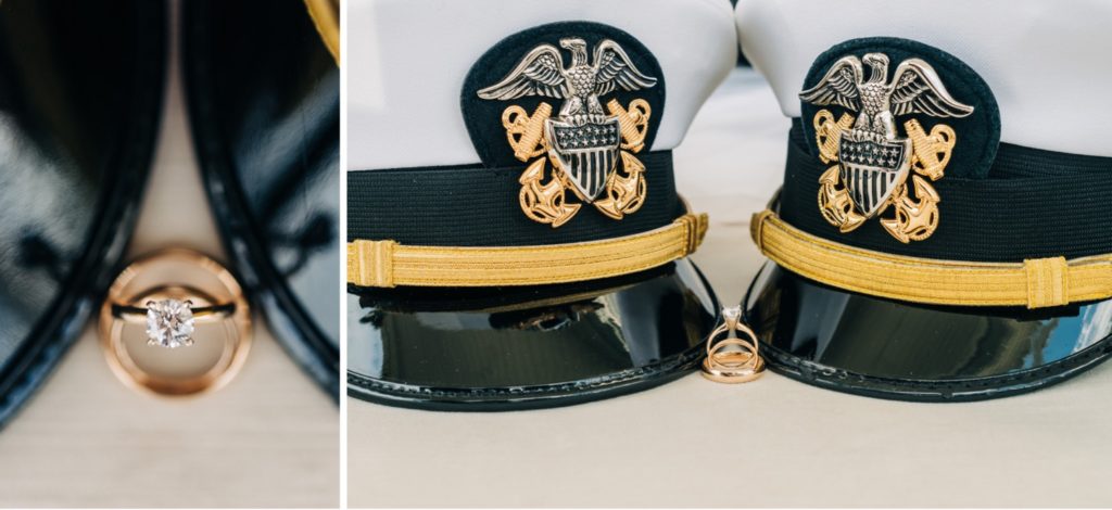 wedding rings with two navy officer hats