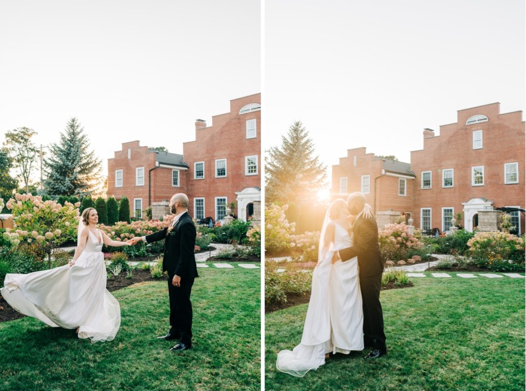 bride and groom dancing at sunset
