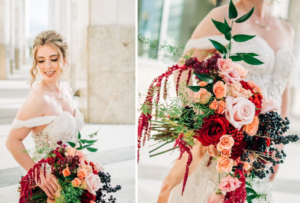 Bride and bright colored bouquet