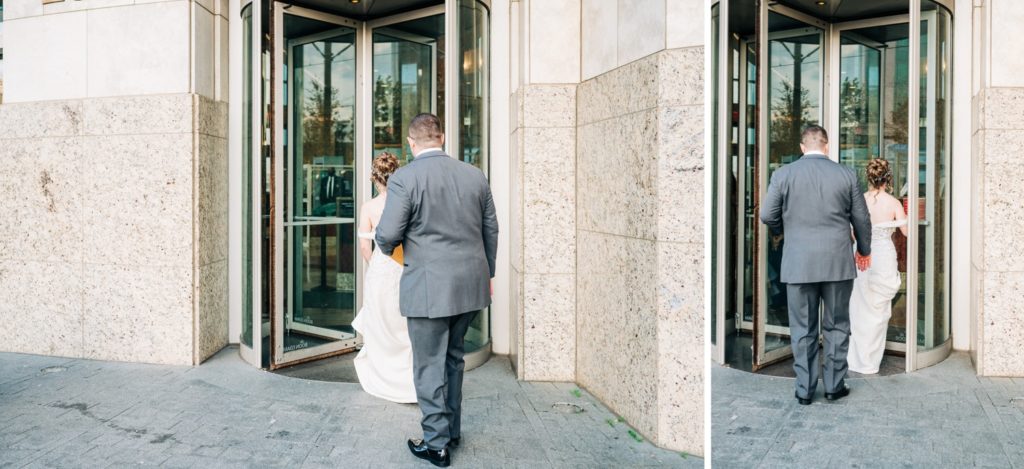 Bride and groom entering Norfolk Courthouse