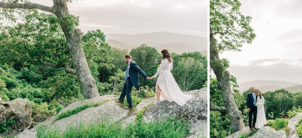 couple on rocks after wedding in Boone nc