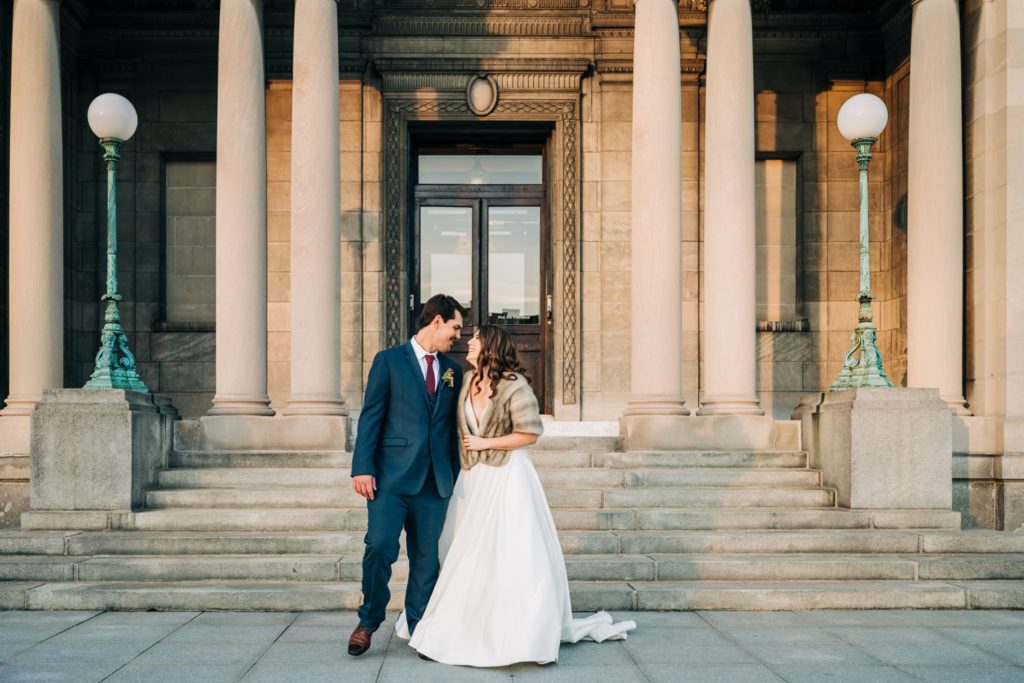 Bride and groom wedding portraits in downtown rochester