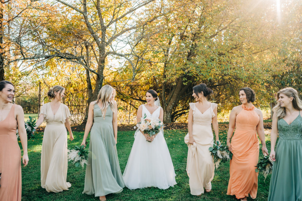 Friends of the bride in coordinating colors to keep the bridal party small