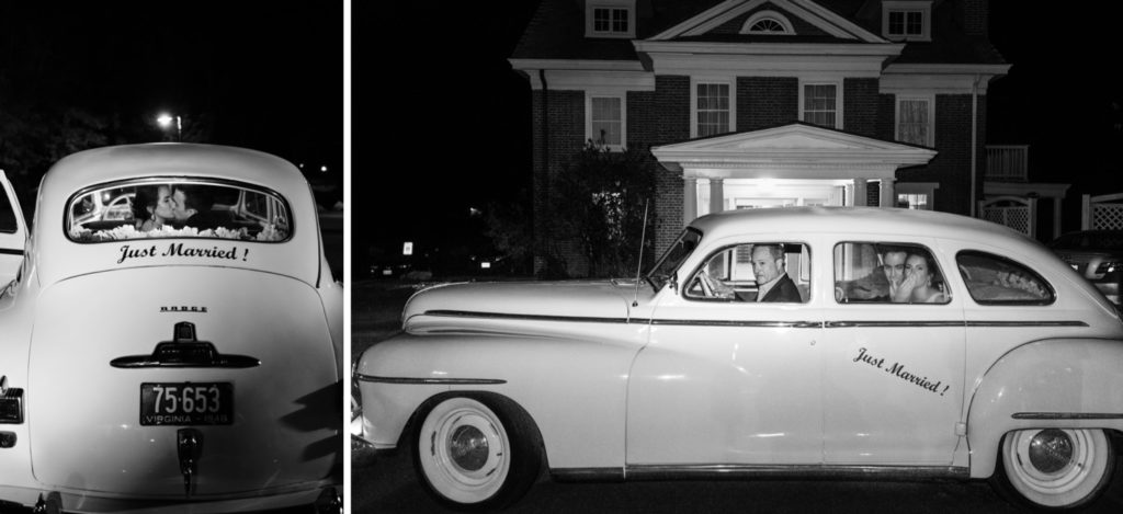 vintage car exit at wedding reception at Raspberry Plain Manor
