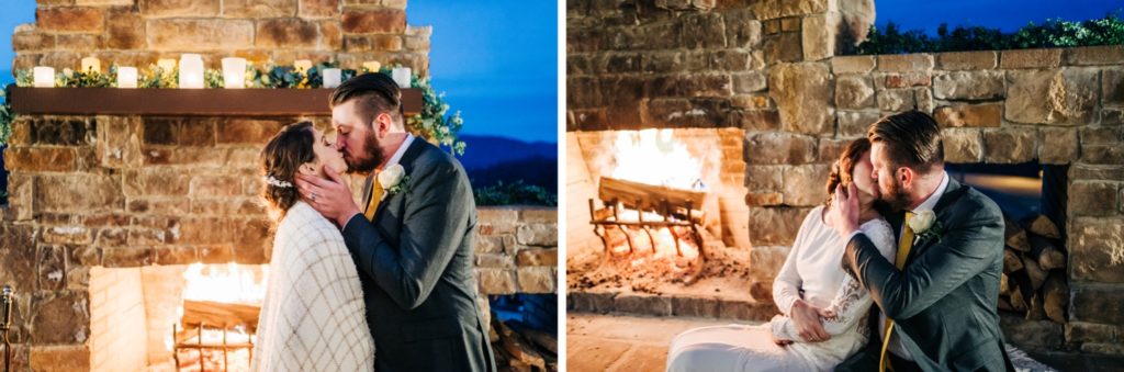 bride and groom portraits at fireplace