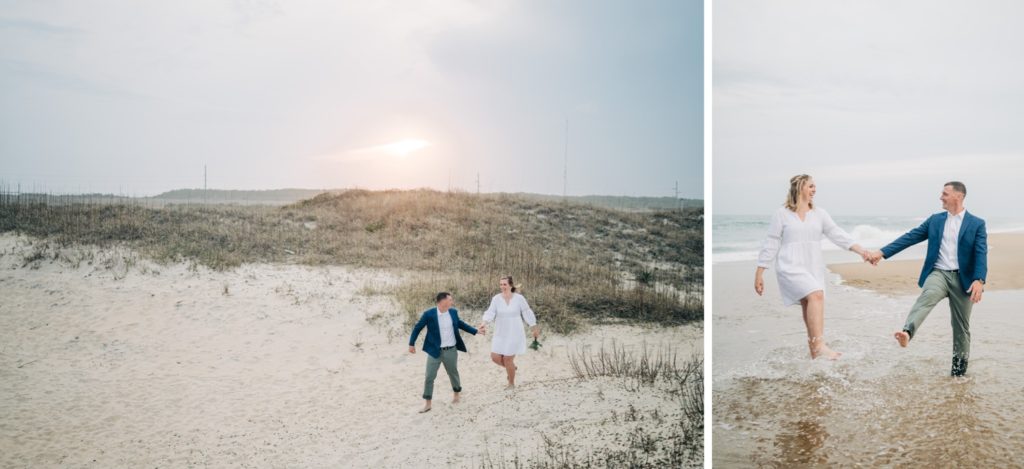 Bride and groom walking on beach after elopement in outer banks, NC