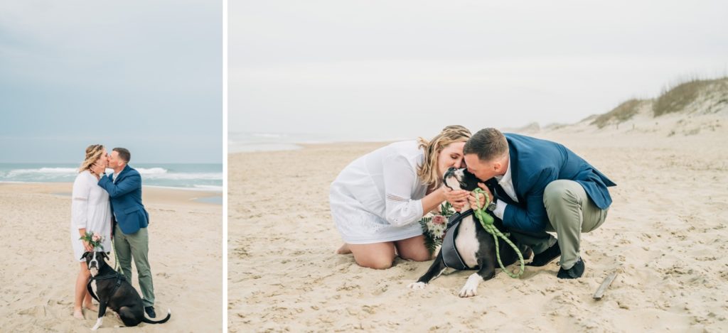 Bride and groom with dog on beach