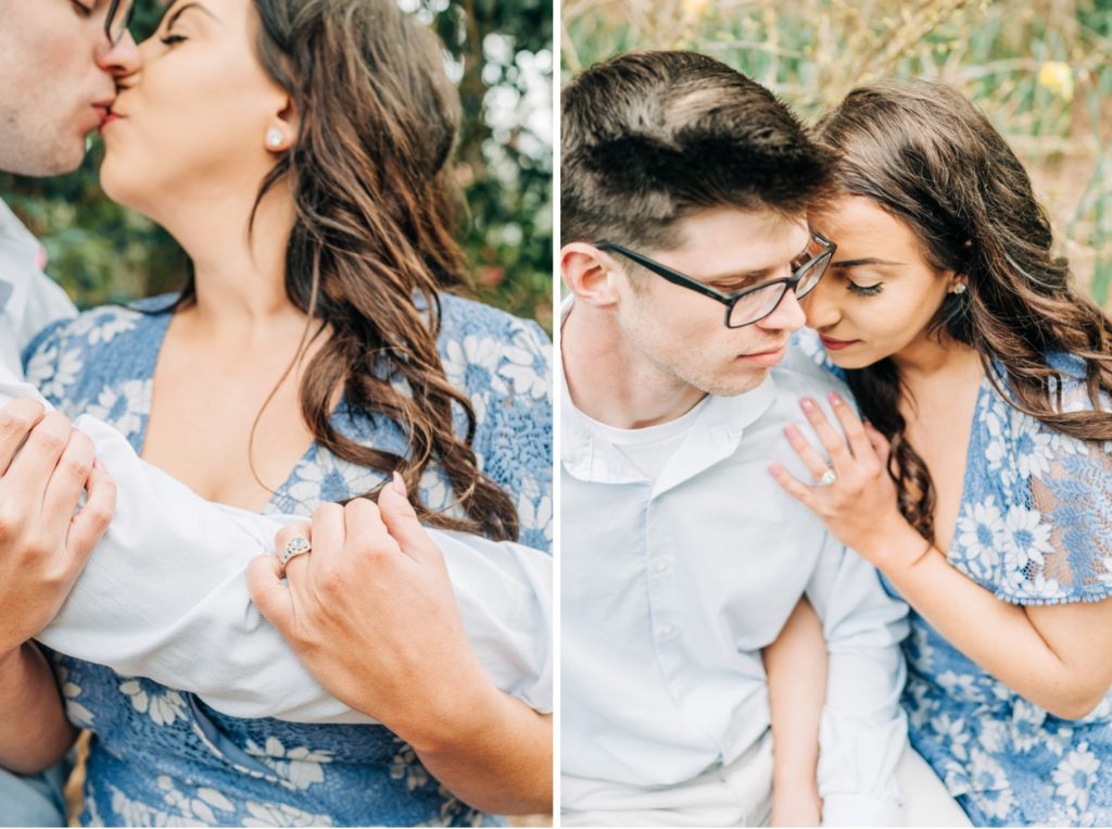 Couple kissing and embracing in engagement photos at the Boatnical Gardens in VA