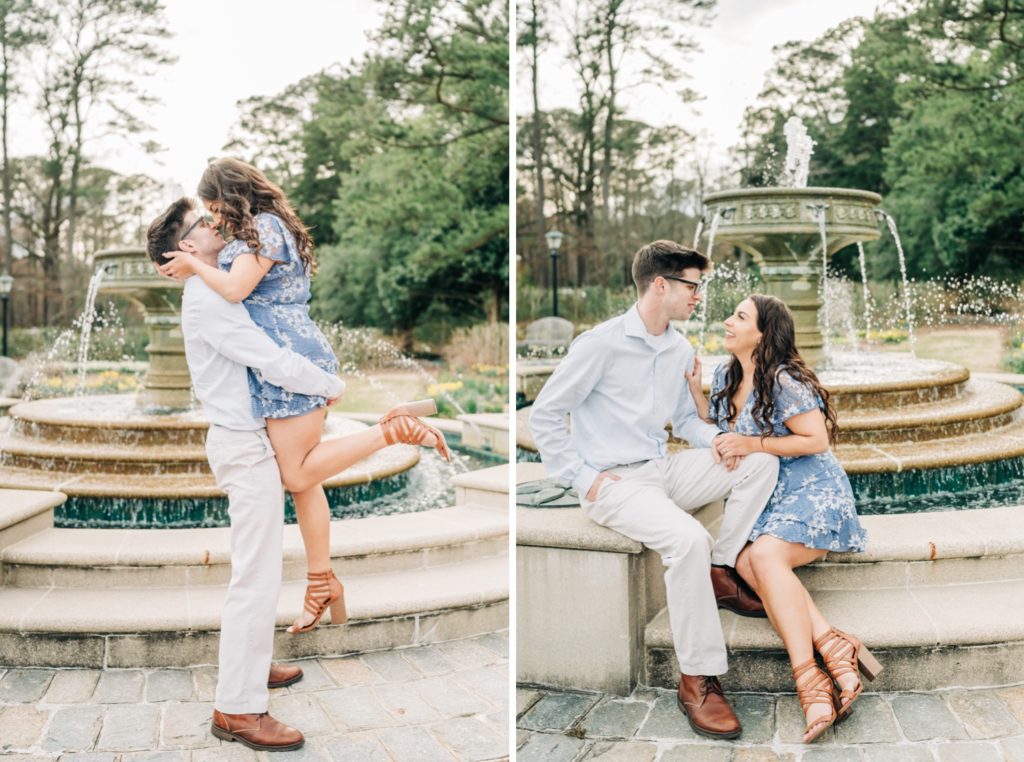 Couple posing in front of fountain in Norfolk, VA