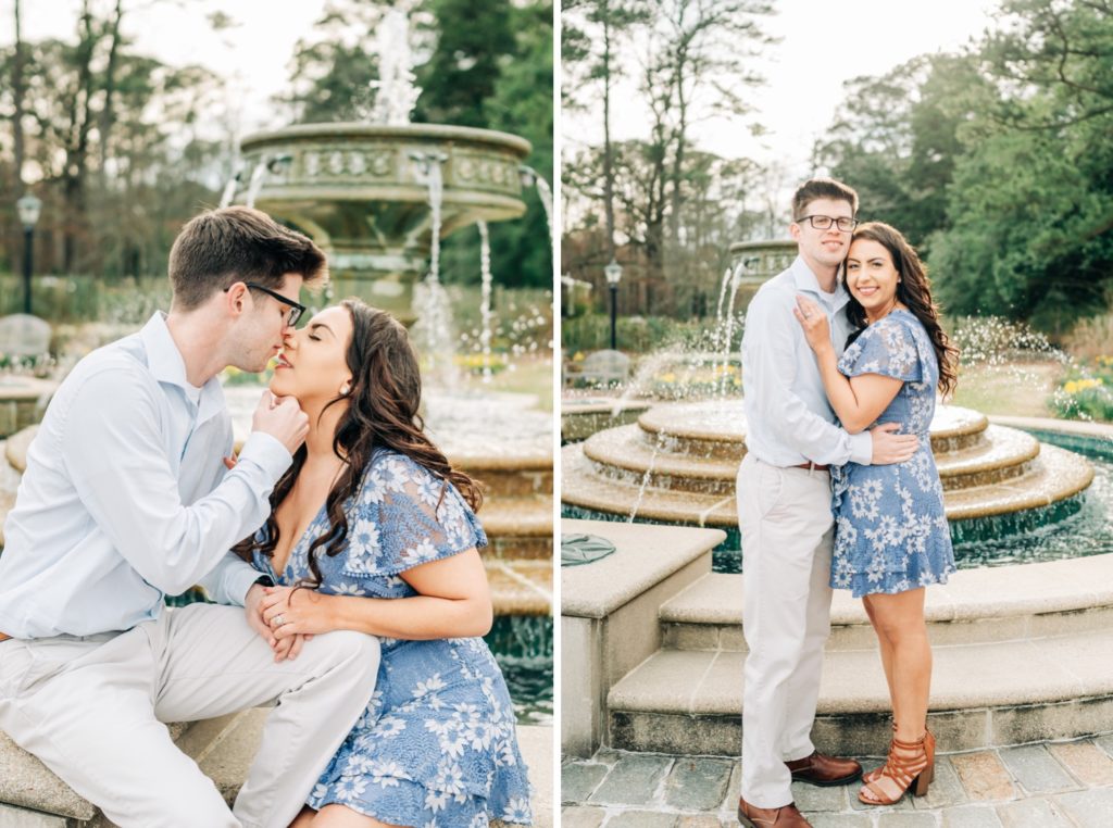 Couple posing by fountain in Botanical Gardens for engagement pictures