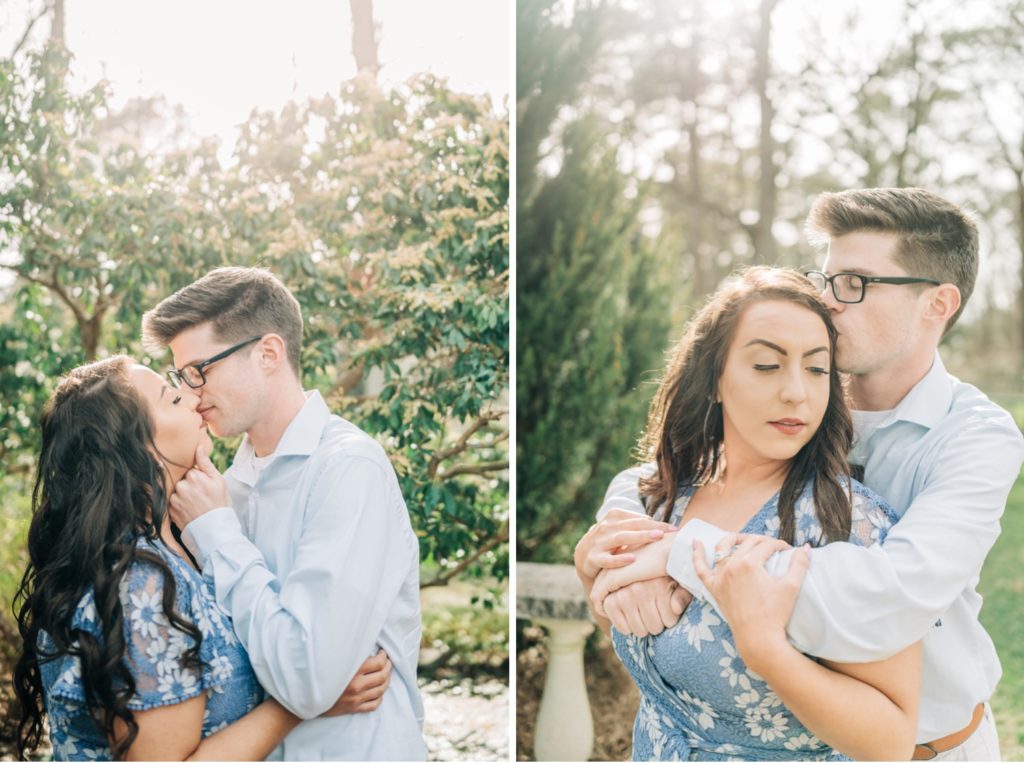 couple embracing and kissing for engagement photos