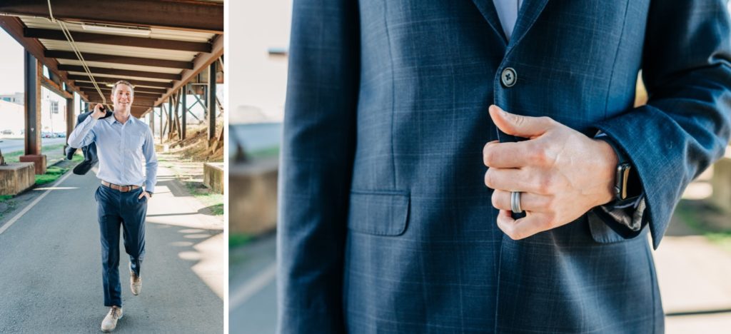 Detailed pictures of the groom in his suit jacket after elopement in Richmond, VA
