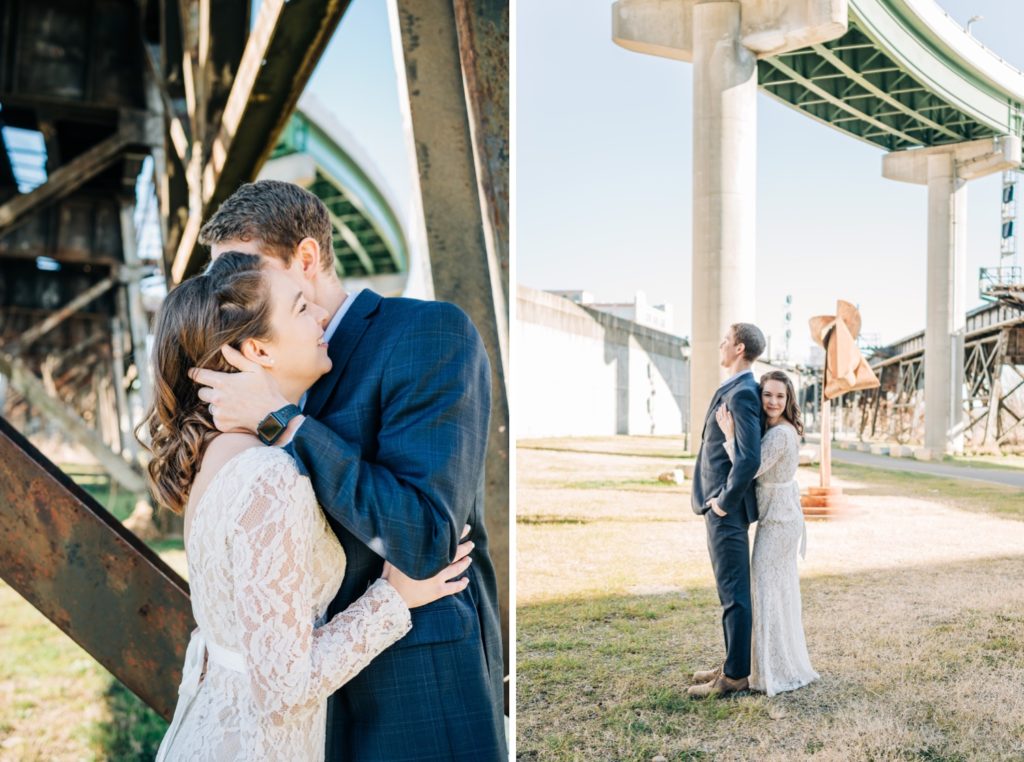 Couple embracing after elopement near the Capitol Trail in Richmond, VA