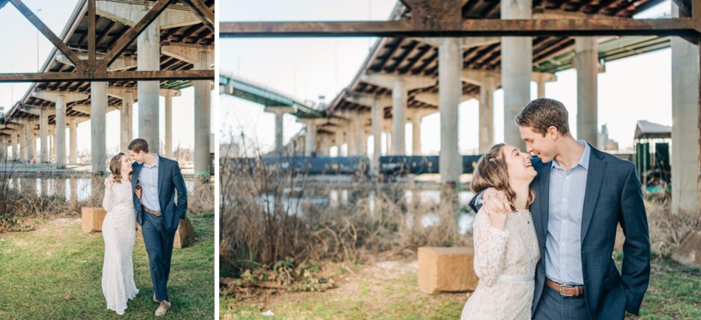 Bride and groom walking under bridge and looking to each other's eyes after Chesterfield Courthouse elopement