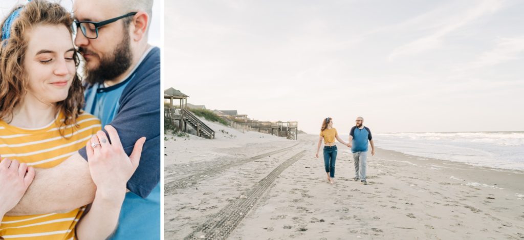 Wide shot of couple walking in Corolla, NC beach engagement portraits