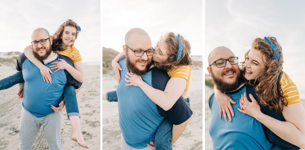 Couple laughing during a piggy back ride in Corolla, NC beach engagement portraits