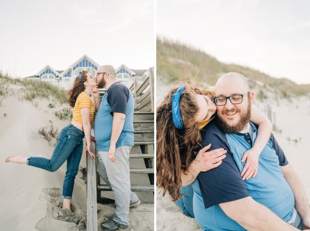 Couple kissing and embracing in Corolla, NC beach engagement portraits